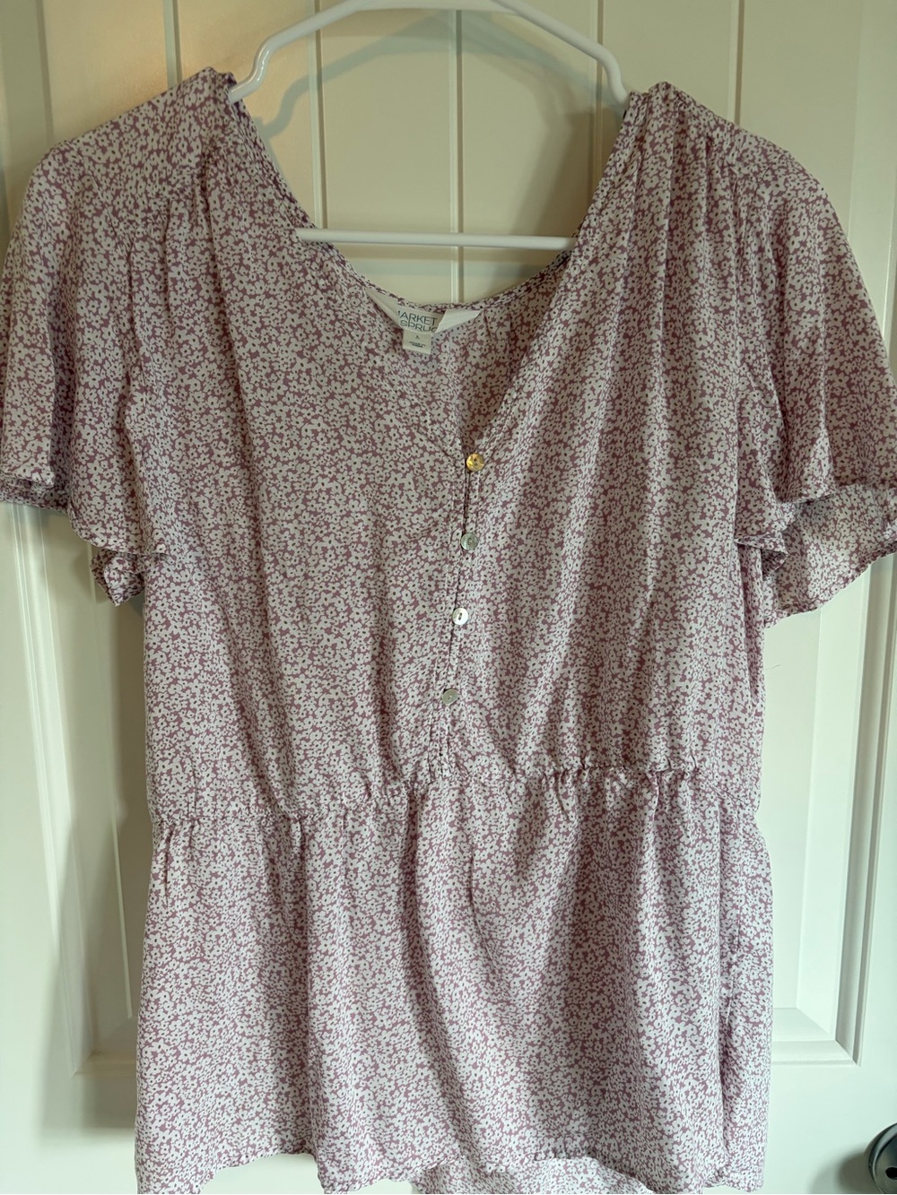 Market & Spruce Light Pink Floral Button-Front Peplum Blouse